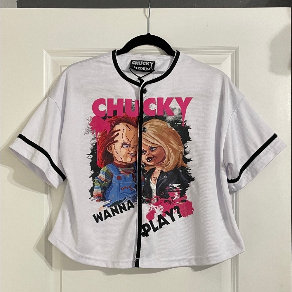 Universal Studios Chucky and Tiffany “Wanna Play?” Crop Baseball Jersey Medium
